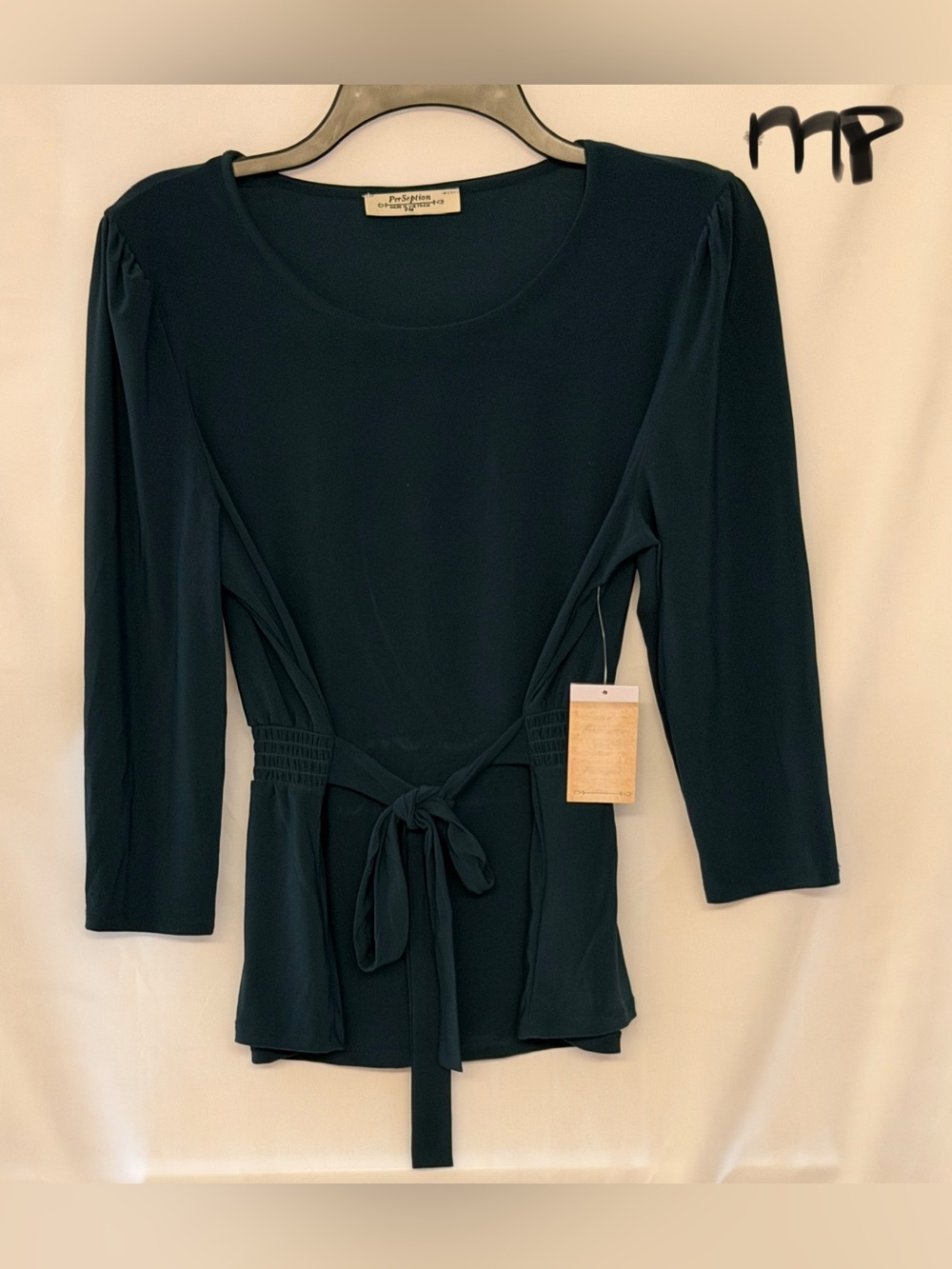 Perseption Teal Green Tie-Waist Long Sleeve Blouse